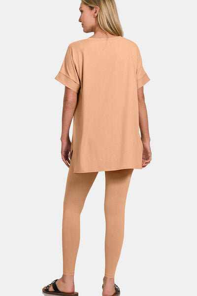 Zenana Full Size V-Neck Rolled Short Sleeve T-Shirt and Leggings