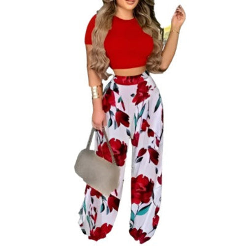 Two Piece Sets Elegant Print Short Sleeve Shirt Pullover + Wide Leg