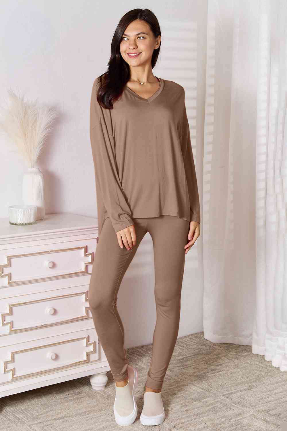 Basic Bae Full Size V-Neck Soft Rayon Long Sleeve Top and Pants Lounge