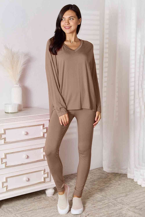 Basic Bae Full Size V-Neck Soft Rayon Long Sleeve Top and Pants Lounge