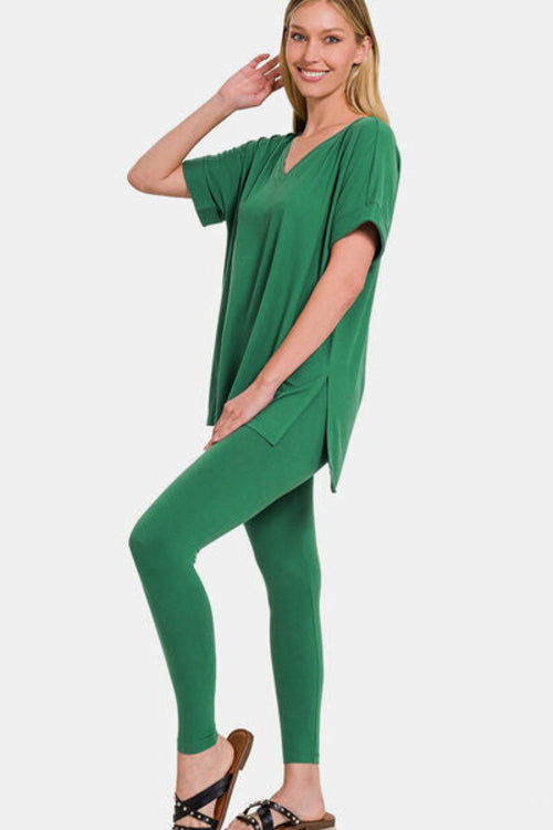 Zenana Full Size V-Neck Rolled Short Sleeve T-Shirt and Leggings