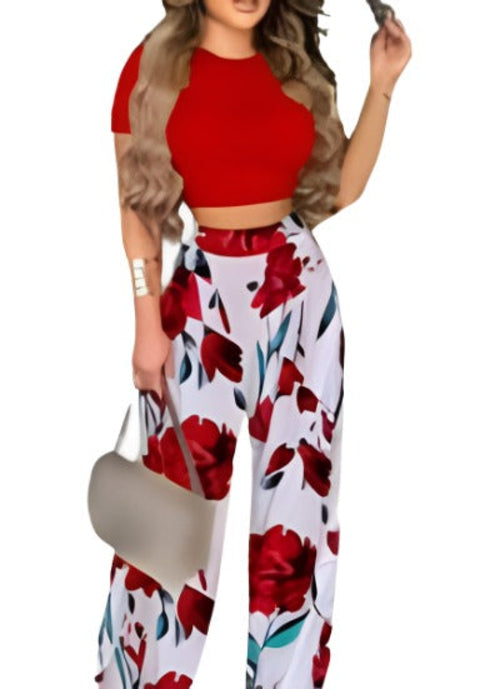 Two Piece Sets Elegant Print Short Sleeve Shirt Pullover + Wide Leg